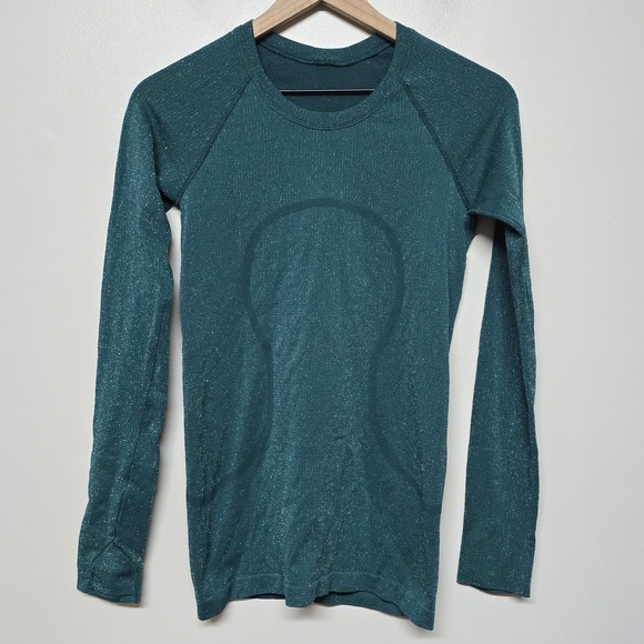 Lululemon Swiftly Tech 2.0 Long Sleeve Green Silver Sparkle Size 4 Outdoor Hike - Picture 1 of 8